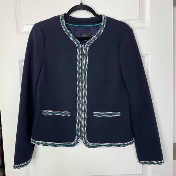 Talbots Navy Blue Zip-Front Braided Trim Tweed Blazer Jacket Women’s Size 6 - Picture 3 of 7
